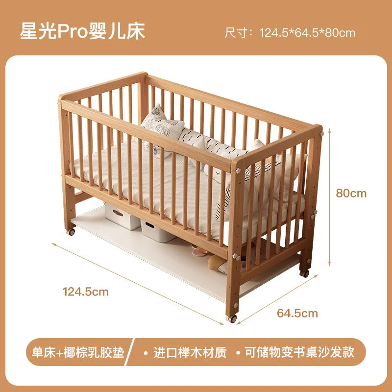 Solid wood crib patchwork bed movable with guardrail widening bedside baby multifunctional beech children's bed