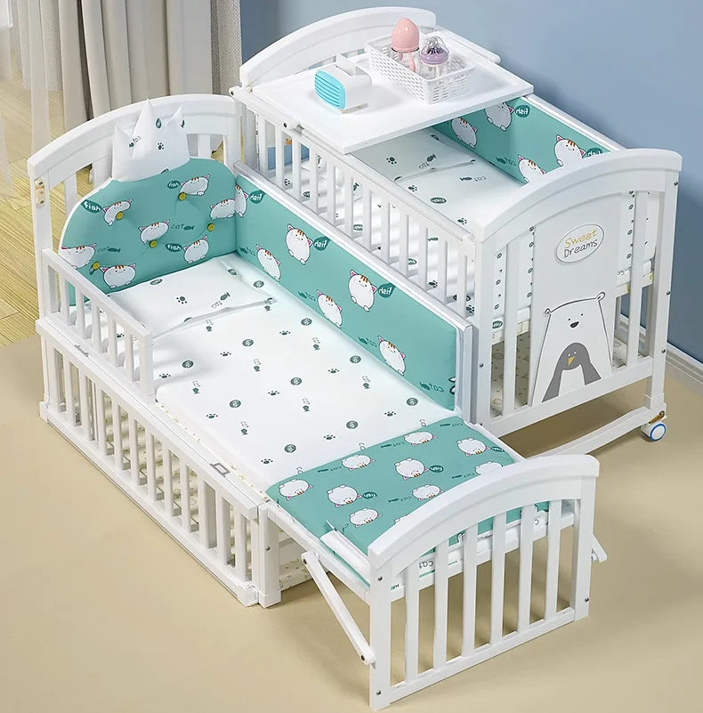 5 in 1 European Style Multifunction White Solid Wood Kids Cribs With Mosquito Net Comfortable Babies Bed for Twins