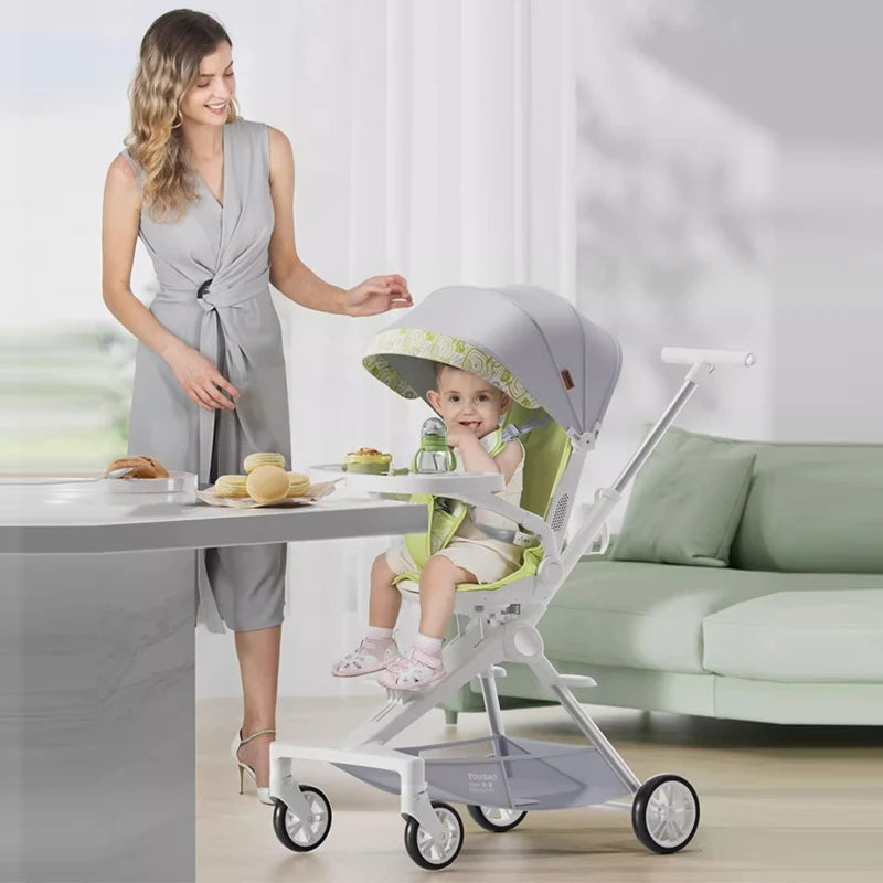 Lightweight Stroller Can Sit and Lie Down with One Button Folding Stroller 0-4 years old High Landscape Two-way Push Swivel Seat