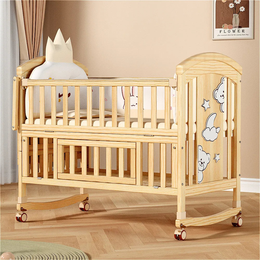 New Comfortable Solid Wood Baby Crib Adjustable Wheels Comfortable Baby Cradle Beds for 0-3 Years Old