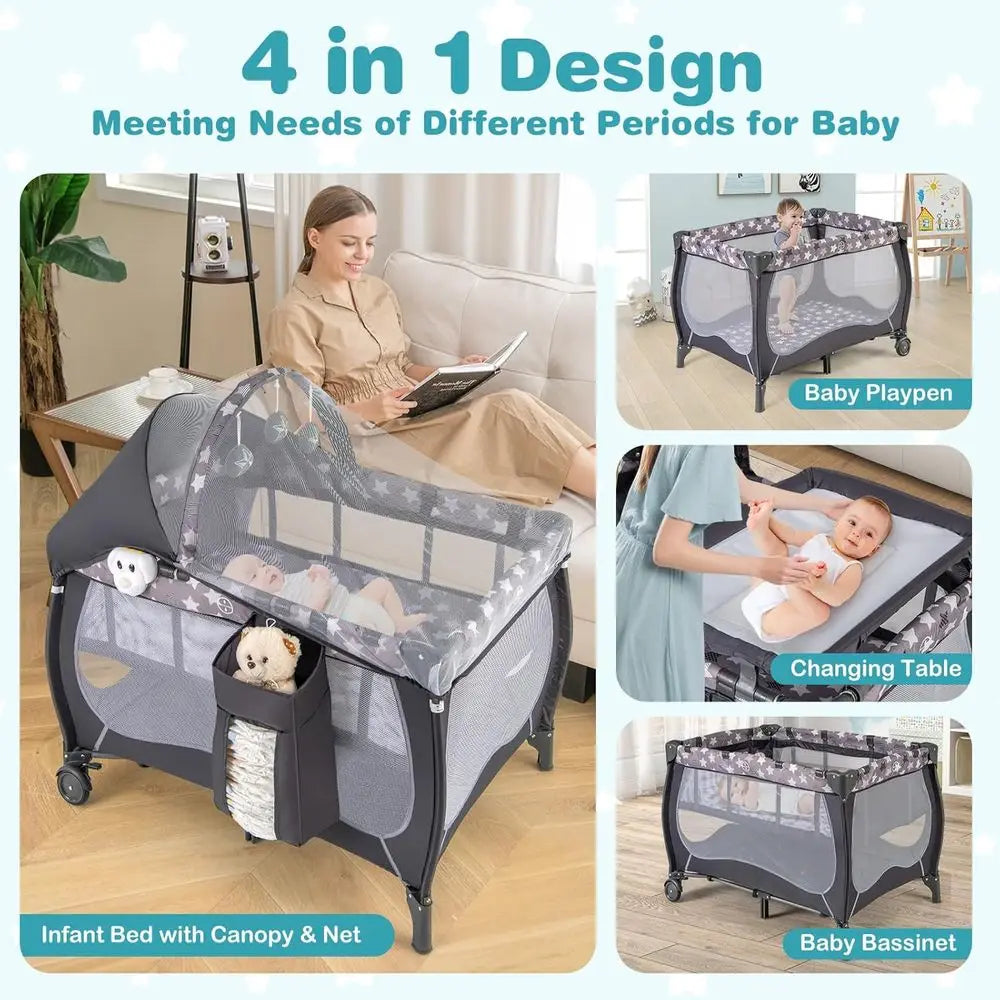 Pack and Play, 4 in 1 Portable Baby Playard with Bassinet, Changing Table, Lockable Wheels, Music Box, oldable Travel Baby Crib