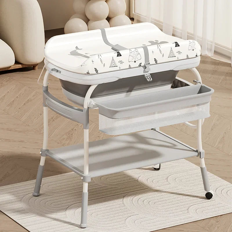 2 in 1 Baby Changing Table with Bath Tub Folding Diaper Dresser Station with Wheels Portable Nursery Organizer Stand for Newborn