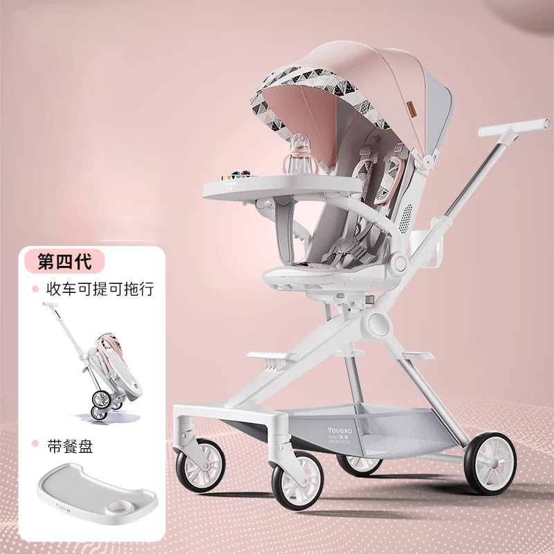 Lightweight Stroller Can Sit and Lie Down with One Button Folding Stroller 0-4 years old High Landscape Two-way Push Swivel Seat